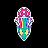 Trippy alien head with amanita mushroom and rainbow splash, illustration for t-shirt, sticker, or apparel merchandise. With doodle, retro, and cartoon style. vector