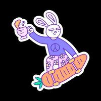 Hype bunny character holding cup of tea and freestyle with carrot skateboard, illustration for t-shirt, sticker, or apparel merchandise. With doodle, retro, and cartoon style. vector