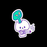 Skull smoke cigarette with alien inside the head, illustration for t-shirt, sticker, or apparel merchandise. With doodle, retro, and cartoon style. vector