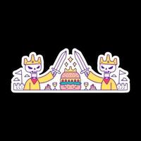 King skull holding sword with burger, illustration for t-shirt, sticker, or apparel merchandise. With doodle, retro, and cartoon style. vector