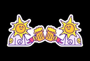 Sun character cheers with beers, illustration for t-shirt, sticker, or apparel merchandise. With modern pop and retro style. vector