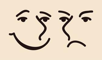 Vector simple illustratioan of two faces, smiling and angry. Isolated on light background.