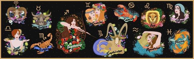 Astrological zodiac signs. Aries, Taurus, Gemini, Cancer, Leo, Virgo, Libra, Scorpio, Sagittarius, Capricorn, Aquarius, Pisces. Twelve zodiac constellations. Vector illustrations on black background.