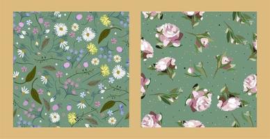 Vector collection of two seamless floral patterns with wildflowers on muted green background.