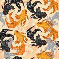 Vector seamless pattern with black and golden fishes on light background.