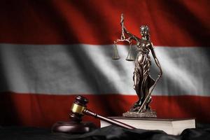 Austria flag with statue of lady justice, constitution and judge hammer on black drapery. Concept of judgement and guilt photo