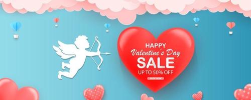 Valentines day with Cupid in clouds, paper cut decoration concept elements, vector illustration. Hearts, happy love angel for Valentines day holidays, romantic Paper art.