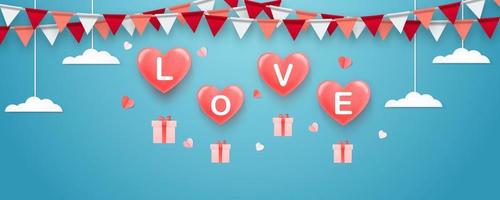 Valentine's Flags Garlands with balloons 3d pink heart on pink background. Symbol the color Valentine's. Valentine's background with party flags. Vector illustration. Vector illustration EPS 10