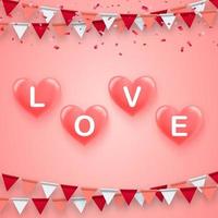 Valentine's Flags Garlands with confetti and pink balloons on pink background. Symbol the color Valentine's. Valentine's background with party flags. Vector illustration. Vector illustration EPS 10