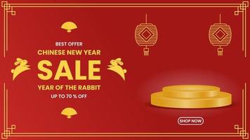 chinese new year sale. year of the rabbit. simple design with rabbit, fan, lantern, podium and red background. used for promotion, advert and ads vector