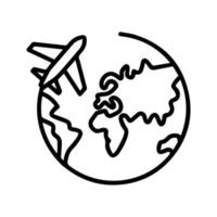 Airplane with earth outlined vector icon. Fly transport vector symbol.