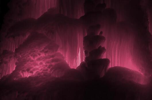 Large blocks of ice frozen waterfall or cavern background Image toned in Viva Magenta, color of the 2023 year photo