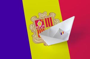 Andorra flag depicted on paper origami ship closeup. Handmade arts concept photo