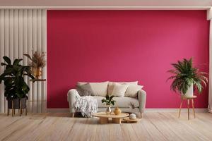 Viva magenta color wall background mockup with sofa furniture and decor.