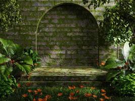 Mossy podium in tropical forest for product presentation and dark room background. photo