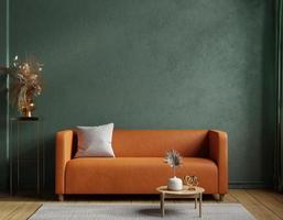 Style loft interior with leather sofa and accessories on empty dark green wall background.
