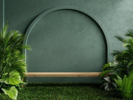 Wooden shelf in tropical forest for product presentation and dark green background.