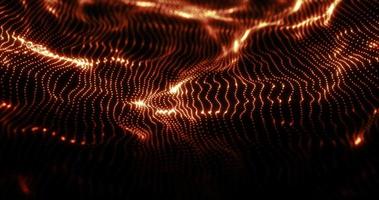 Abstract orange futuristic waves from a grid of particles lines glowing bright shiny neon digital magical energy on a dark background. Abstract background photo