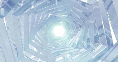 un túnel giratorio de metal plateado cromado brillante con paredes de costillas y líneas en forma de hexágono con reflejos de rayos luminosos. fondo abstracto foto