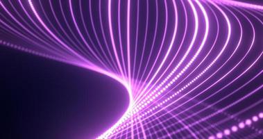 ondas púrpuras abstractas de líneas y partículas de puntos de alta tecnología futurista giratoria brillante con un efecto de desenfoque sobre un fondo oscuro. fondo abstracto foto