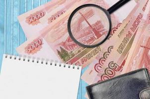 5000 russian rubles bills and magnifying glass with black purse and notepad. Concept of counterfeit money. Search for differences in details on money bills to detect fake photo