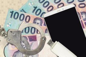 1000 Indonesian rupiah bills and smartphone with police handcuffs. Concept of hackers phishing attacks, illegal scam or malware soft distribution photo