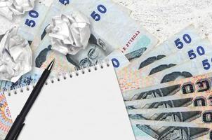 50 Thai Baht bills and balls of crumpled paper with blank notepad. Bad ideas or less of inspiration concept. Searching ideas for investment photo