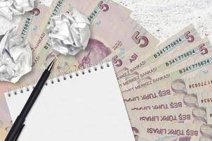 5 Turkish lira bills and balls of crumpled paper with blank notepad. Bad ideas or less of inspiration concept. Searching ideas for investment photo
