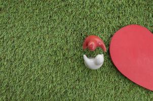 Top view mock up couple hugging on grass floor and mock up half heart with copy space. Valentine day concept photo