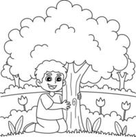 Niño abrazando un árbol página para colorear para niños vector