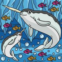 Narwhal Marine Animal Colored Cartoon Illustration