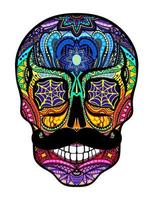 Tattoo colorful skull with a mustache, black and white vector illustration on white background, Day of the dead symbol.