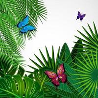 Tropical leaves with butterflies. Floral design background. vector