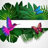 Tropical leaves with birds, butterflies. Floral design background with colibri.