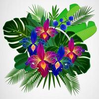 Tropical leaves with yellow orchid flowers and white frame on isolate background. vector