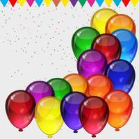 Birthday party vector background - colorful festive balloons, confetti, ribbons flying for celebrations card in isolated white background with space for you text.