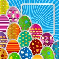 Spring greeting background with Easter eggs. Festive paper images of eggs on a square light frame. Light blue rays on a blue background. Vector greetings card with the Happy Easter