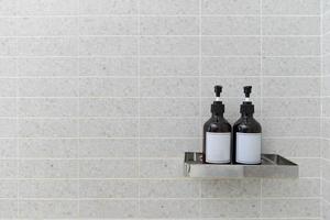 Mockup for bathing products in the modern bathroom, spa shampoo, shower gel, liquid soap photo