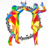 siluetas de polígono bailando gente y círculo de melodía, fondo de fiesta de batalla de música vectorial. vector