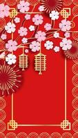 Festive luxury red gold background. New Year, Chinese New Year. Frame made of Chinese lanterns, fireworks, tree flower branches and space for your text. Vertical orientation vector