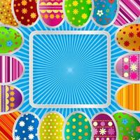 Spring greeting background with Easter eggs. Festive paper images of eggs on a square light frame. Light blue rays on a blue background. Vector greetings card with the Happy Easter