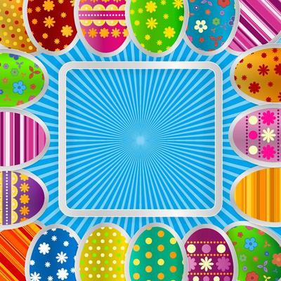 Spring greeting background with Easter eggs. Festive paper images of eggs on a square light frame. Light blue rays on a blue background. Vector greetings card with the Happy Easter