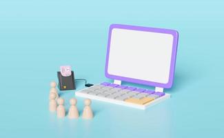 3d purple laptop computer with wooden figures row, smart card reader, external USB card reader, Id card icon isolated on blue background. 3d render illustration, clipping path photo