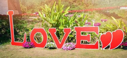 Text LOVE sign label in the love garden for backdrop take photos with flower background in valentine day