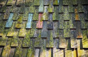 Old wooden roof tiles pattern with green moss texture background photo