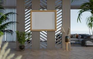 3D mockup blank photo frame in living room rendering