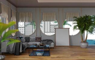 3D mockup blank photo frame in living room rendering