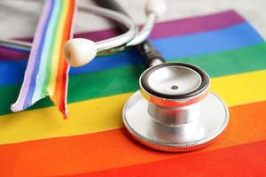 LGBT symbol, Stethoscope with rainbow ribbon, rights and gender equality, LGBT Pride Month in June. photo