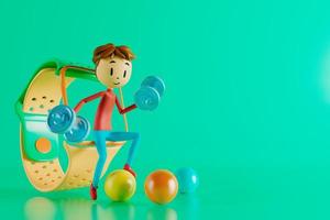 persona personaje de dibujos animados niño y niña con objetos deportivos. ilustración 3d acción de actividad física. hombre en un juego de deportes. concepto saludable. bola 3d. ejercicio action.smartphone diseño de reloj inteligente. foto