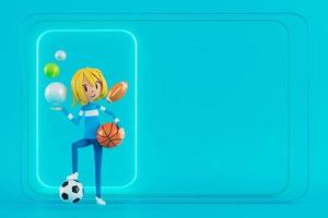 persona personaje de dibujos animados niño y niña con objetos deportivos. ilustración 3d acción de actividad física. hombre en un juego de deportes. concepto saludable. bola 3d. ejercicio action.smartphone diseño de reloj inteligente. foto